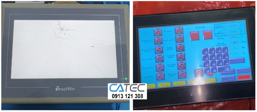 Hình ảnh thực tế màn hình cảm ứng HMI Touchwin được sửa chữa tại Công Ty Công Nghệ Catec
